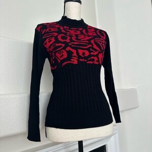 Black Red Abstract Leopard Print with Ruffled Mock Neck Cable Knit Sweater